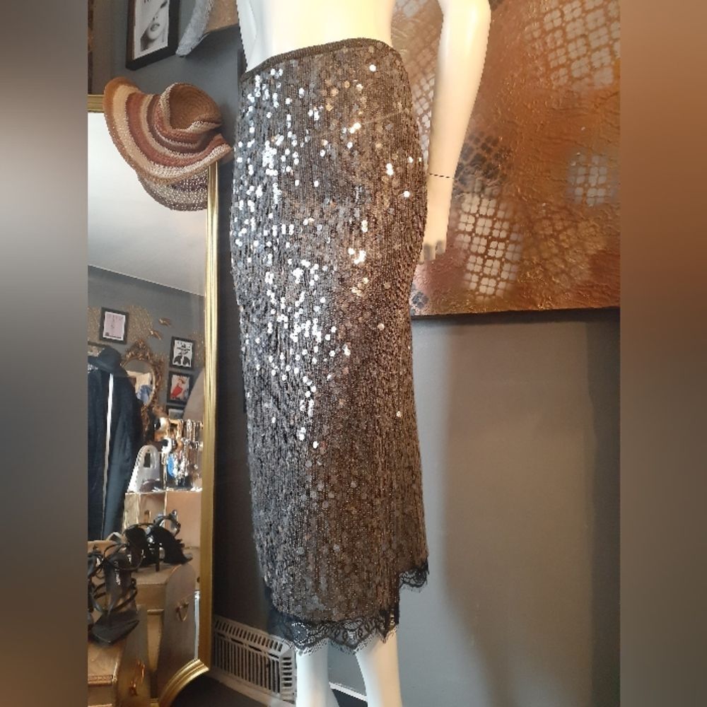 Zara Nwt Sequin Lace-Hem Pencil Skirt - Metallic Silver